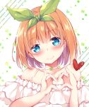  1girl bangs bare_shoulders blue_eyes blush brown_hair choker closed_mouth collarbone commentary dress eyebrows_visible_through_hair go-toubun_no_hanayome green_ribbon hair_ribbon hands_up head_tilt heart heart_hands murasakigo nakano_yotsuba off-shoulder_dress off_shoulder ribbon short_hair smile solo white_background white_choker white_dress 