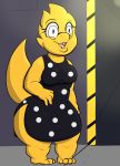  alphys anthro barefoot breasts clothed clothing dress eyewear female front_view glasses hi_res huge_thighs looking_at_viewer makarimorph non-mammal_breasts open_mouth open_smile purple_eyes reptile scales scalie sharp_teeth short_stack smile solo teeth thick_tail thick_thighs three-quarter_view undertale video_games wide_hips yellow_body yellow_scales 