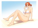  1girl bikini blue_eyes blush boudica_(fate/grand_order) bracelet breasts dyun fate/grand_order fate_(series) full_body highres huge_breasts jewelry o-ring o-ring_bikini open_mouth ponytail red_hair signature simple_background sitting solo sweat swimsuit white_bikini 