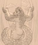  anthro bedroom breasts butt curtains curvy_figure female hi_res long_tail looking_at_viewer looking_back mammal pangolin rear_view scales sillywerwolf slightly_chubby smile solo thick_thighs voluptuous wide_hips 