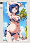  1girl absurdres bikini blue_hair breasts dolphin_hair_ornament hand_up highres looking_up midriff navel nijisanji nishizono_chigusa ocean paintedmike purple_eyes short_hair small_breasts solo swimsuit 