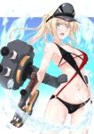  1girl alternate_costume alternate_hairstyle ass_visible_through_thighs bare_arms bare_shoulders bikini bismarck_(kantai_collection) blonde_hair blue_eyes blush breasts cannon cleavage commentary_request cowboy_shot eyebrows_visible_through_hair gloves gun hair_between_eyes hand_on_hip hat holding kantai_collection large_breasts long_hair looking_at_viewer machinery mikage_takashi navel o-ring open_mouth peaked_cap ponytail rigging sidelocks solo swimsuit turret weapon 
