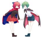  2girls antennae aoi_(annbi) black_footwear black_shirt blue_bow blue_shorts bow cape commentary_request full_body green_eyes green_hair hair_bow high_collar leaning_forward long_sleeves looking_at_viewer multiple_girls open_mouth red_eyes red_hair red_skirt sekibanki shirt shoes short_hair shorts simple_background skirt smile touhou white_background white_shirt wriggle_nightbug 