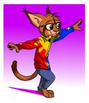  absurd_res anthro barefoot border brown_body brown_eyes brown_fur cheek_tuft clothed clothing ear_tuft eyewear facial_tuft felid feline fully_clothed fur glasses head_tuft hi_res inner_ear_fluff lynx male mammal marc_(theblueberrycarrots) purple_background simple_background smile solo theblueberrycarrots tuft white_border 