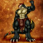  1:1 anthro arhan big_bulge big_muscles black_body bulge claws clothing detailed_background dragon fangs genital_outline genitals hi_res horn huge_bulge hyper hyper_bulge loincloth male multicolored_body muscular muscular_anthro muscular_male open_mouth penis penis_outline solo two_tone_body yellow_eyes zi0808 