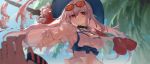  1girl arknights armpits bangs bare_shoulders blue_sky breasts chinese_commentary commentary_request day eyewear_on_head hair_between_eyes hat head_tilt highres long_hair looking_at_viewer mag_(mag42) medium_breasts pov red_eyes silver_hair skadi_(arknights) sky solo_focus sunglasses upper_body 