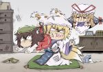  &lt;|&gt;_&lt;|&gt; 3girls :3 =_= anger_vein angry animal_ear_fluff animal_ears bangs book breasts cat_ears cat_tail chen claws commentary_request cushion drawer dress earrings fluffy fox_tail frilled_sleeves frills gap_(touhou) green_headwear hair_ribbon hat hat_ribbon hidefu_kitayan highres holding holding_scissors injury jewelry kicking large_breasts long_hair long_sleeves lower_teeth mob_cap multiple_girls multiple_tails nekomata no_pupils open_mouth pillow_hat red_dress red_eyes red_ribbon ribbon scar scar_on_face scissors scratches seiza shelf short_hair single_earring sitting solid_oval_eyes tabard tail tassel teeth tissue_box touhou trembling tress_ribbon two_tails upper_teeth wide_sleeves yakumo_ran yakumo_yukari 