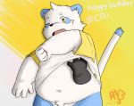  2020 anthro belly blue_body blue_fur clothing fur giant_panda hi_res humanoid_hands kazanari kemono male mammal overweight overweight_male shirt solo_focus text topwear ursid white_body white_fur 