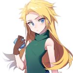  1girl blonde_hair blue_eyes blush breasts brown_gloves closed_mouth commentary digimon digimon_adventure digivice genderswap genderswap_(mtf) gloves green_shirt holding ishida_yamato long_hair looking_away maro_(lij512) shirt simple_background sleeveless sleeveless_shirt small_breasts solo symbol_commentary turtleneck upper_body very_long_hair white_background 
