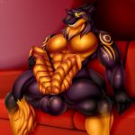  1:1 anthro balls black_body black_fur claws fangs fluffy fluffy_tail fur genitals hi_res knot male multi_genitalia multi_penis multicolored_body multicolored_fur muscular muscular_anthro muscular_male open_mouth open_smile orange_body orange_fur penis sergal simple_background sitting smile solo two_tone_body two_tone_fur yellow_eyes zi0808 