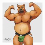  anthro armpit_hair belly biceps black_body black_fur black_muzzle body_hair bulge canid canine canis clothing domestic_dog eyebrows flexing fur hi_res jockstrap male mammal muscular muscular_anthro muscular_male navel nipples one_eye_closed pecs pit_bull rooinks simple_background slightly_chubby solo tan_body thick_neck thick_thighs underwear watermark 