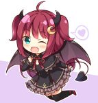  1girl ;d ahoge black_capelet black_dress black_legwear black_ribbon blush brown_wings capelet chibi commentary_request crescent crescent_hair_ornament demon_girl demon_horns demon_tail demon_wings dress fang frilled_capelet frilled_dress frills full_body green_eyes hair_ornament hand_up heart horns kamakani_(kanikama8192) long_hair long_sleeves looking_at_viewer neck_ribbon nijisanji one_eye_closed open_mouth purple_background red_footwear red_hair ribbon shoes sleeves_past_wrists smile solo spoken_heart tail thighhighs two-tone_background two_side_up very_long_hair white_background wings yuzuki_roa 