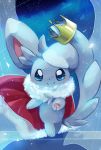  blue_eyes cape closed_mouth commentary_request crown full_body fur-trimmed_cape fur_trim gen_5_pokemon highres minccino no_humans pokemon pokemon_(creature) pomuchi red_cape smile solo tiptoes watermark 