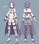  1girl absurdres arm_strap armor bare_shoulders bikini_armor black_legwear braid choker faulds french_braid gauntlets highres ichiren_namiro jun_(princess_connect!) leg_armor looking_at_viewer midriff multiple_views navel princess_connect! princess_connect!_re:dive purple_eyes purple_hair revealing_clothes see-through short_hair simple_background stomach strap thighhighs thighs waist_cape 