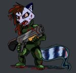  2020 angry anthro armor blood blue_body blue_fur bodily_fluids body_armor doom_(series) female fur grey_background gun hair holding_gun holding_object holding_weapon id_software mammal open_mouth procyonid raccoon ranged_weapon simple_background solo standing teeth theblueberrycarrots video_games weapon 