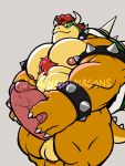  3:4 anthro ball_tuft balls bowser chest_tuft genitals hi_res koopa looking_at_viewer low-angle_view male mario_bros muscular muscular_anthro muscular_male nintendo nipples penis scalie shenaniwhagons solo tuft video_games 