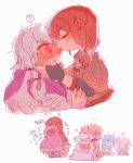  !? 4girls ? ?? @_@ arrow_(symbol) blue_hair blush byleth_(fire_emblem) byleth_(fire_emblem)_(female) chibi closed_eyes commentary_request edelgard_von_hresvelg facing_another fire_emblem fire_emblem:_three_houses flying_sweatdrops french_kiss highres kiss korean_commentary leonie_pinelli licking_lips long_hair looking_at_another lysithea_von_ordelia multiple_girls orange_hair pointing rapop side_ponytail spoken_interrobang spoken_question_mark spoken_x tongue tongue_out trembling white_background white_hair yuri 