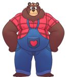  &lt;3 2020 anthro belly brown_body brown_fur cade_(the_human_heart) clothing cute_fangs fur leonthelionel male mammal overalls overweight overweight_anthro overweight_male shirt simple_background solo the_human_heart_(game) topwear ursid video_games visual_novel white_background 