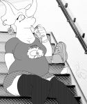  2019 backpack baragon big_breasts breasts cigarette cleavage clothed clothing ear_piercing female footwear godzilla_(series) gomegaro horn kaiju knee_socks legwear monochrome piercing scalie sitting slightly_chubby smoking socks solo stairs thick_thighs thigh_highs toho wide_hips 