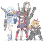  4girls absurdres aegis_gundam animal animalization black_hair blitz_gundam blonde_hair blue_eyes blue_hair buster_gundam cat drill_hair duel_gundam glasses green_eyes gundam gundam_seed highres holding holding_animal holding_cat looking_at_viewer looking_down mecha_musume multiple_girls personification strike_gundam twin_drills v-fin yazawa_owl 