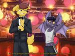  4:3 anthro black_hair black_nose bottomwear bow_tie brown_hair canid canine canis chiropteran clothing detrix domestic_dog dracojeff duo english_text fur hair humanoid male mammal party photo_background purple_body purple_fur purple_nose red_eyes rodbert scrawny shirt shorts subtitled suit tank_top text topwear wings yellow_body yellow_fur 