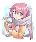  1girl bangs blue_eyes brown_sweater closed_mouth cropped_torso cup eyebrows_visible_through_hair grey_scarf hair_between_eyes holding holding_cup holding_spoon kagamihara_nadeshiko long_hair long_sleeves looking_at_viewer low_twintails nano_(mianhua_maoqiu) pink_hair puffy_long_sleeves puffy_sleeves scarf smile solo spoon sweater twintails upper_body very_long_hair yurucamp 