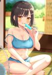  1girl bare_legs bare_shoulders black_hair blue_bra blue_shorts blurry bra breasts cleavage collarbone day depth_of_field electric_fan food hair_ornament hairclip highres holding indian_style large_breasts looking_at_viewer micro_shorts midriff mizukoshi_(marumi) navel open_mouth orange_eyes original popsicle short_hair shorts sitting solo stomach strap_slip summer sunlight sweat tatami underwear wavy_mouth 