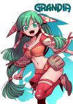  1girl breasts feena_(grandia) grandia grandia_i green_eyes green_hair hair_ornament hair_tubes highres long_hair looking_at_viewer low-tied_long_hair midriff navel open_mouth smile solo thighhighs tsuki_wani 