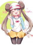  1girl bangs black_legwear blue_eyes blush bow brown_hair commentary_request double_bun heart legwear_under_shorts long_hair looking_at_viewer mei_(pokemon) nig_18 one_eye_closed open_mouth pantyhose pink_bow pokemon pokemon_(game) pokemon_bw2 raglan_sleeves shirt short_shorts shorts smile solo teeth translation_request twintails upper_teeth very_long_hair visor_cap yellow_shorts 