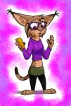  anthro brown_body brown_fur cellphone cheek_tuft clothed clothing crossgender ear_tuft eyewear facial_tuft felid feline female fully_clothed fur glasses head_tuft hi_res holding_cellphone holding_object holding_phone lynx mammal marc_(theblueberrycarrots) midriff mtf_crossgender phone purple_background simple_background solo spots spotted_body spotted_fur theblueberrycarrots tuft 