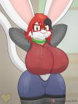 3:4 absurd_res anthro big_breasts breasts clothed clothing female hair hi_res hybrid legwear navel pawronica pawronica_(fursona) simple_background solo thick_thighs tights wide_hips 