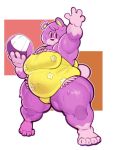  2020 4_fingers animal_crossing anthro ball beach_ball belly bodily_fluids breasts camel_toe clothed clothing female fingers hi_res holding_object mammal megan_(animal_crossing) nintendo overweight overweight_anthro overweight_female simple_background solo submarine_screw sweat ursid video_games 