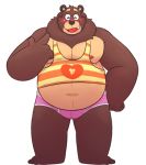  2020 anthro belly blush brown_body brown_fur bulge cade_(the_human_heart) clothing cute_fangs eyes_closed fur leonthelionel male mammal moobs nipples overweight overweight_anthro overweight_male shirt simple_background solo the_human_heart_(game) topwear underwear ursid video_games visual_novel white_background 