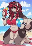  &lt;3 anthro ball beverage big_breasts bikini black_hair breasts canid canine canis clothing collar cup detailed_background domestic_dog elkhound facial_piercing female hair hi_res kneeling mammal mixi_elkhound multicolored_hair muttasaur nose_piercing nose_ring piercing red_hair solo spiked_collar spikes spitz swimwear two_tone_hair 