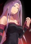 1girl absurdres asurada_yui bare_shoulders black_dress breasts buckle cleavage closed_mouth collar collarbone covered_navel detached_sleeves dress facial_mark fate/stay_night fate_(series) forehead_mark gradient gradient_background highres holding large_breasts long_hair long_sleeves looking_at_viewer purple_eyes purple_hair red_background rider serious signature slit_pupils solo straight_hair strapless strapless_dress upper_body very_long_hair 