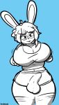  absurd_res anthro big_breasts breast_grab breast_squish breasts bulge erection gynomorph hand_on_breast hi_res huge_breasts intersex lagomorph leporid mammal rabbit slightly_chubby solo squish teabunni thick_thighs 