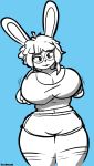  absurd_res anthro big_breasts breast_grab breast_squish breasts clothed clothing female hand_on_breast hi_res huge_breasts lagomorph leporid mammal rabbit slightly_chubby solo squish teabunni thick_thighs 