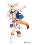  1girl animal_ears arm_up armpits blue_eyes choker collar emerane fina_(pride_of_eden) fox_ears fox_girl fox_tail full_body gloves gold_trim hand_up leg_up looking_at_viewer midriff navel official_art open_mouth outstretched_arm paw_shoes pelvic_curtain pride_of_eden revealing_clothes shoes short_hair simple_background smile solo stomach tail tattoo thighhighs thighs veil white_background white_gloves white_hair white_legwear 