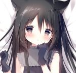  1girl animal_ear_fluff animal_ears bangs bed_sheet black_dress black_gloves black_hair blush brown_eyes cat_ears closed_mouth commentary_request dress eyebrows_visible_through_hair gloves hair_between_eyes hands_up hoshizora_tetsudou_to_shiro_no_tabi long_hair looking_at_viewer lowres lying on_back shiratama_(shiratamaco) sleeveless sleeveless_dress solo 