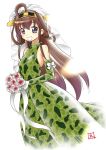  1girl :d ahoge bouquet bride brown_hair camouflage camouflage_dress dress ebifly elbow_gloves eyebrows_visible_through_hair flower gloves green_dress green_gloves hairband headgear holding holding_bouquet kantai_collection kongou_(kantai_collection) long_hair looking_at_viewer open_mouth pink_flower pink_rose purple_eyes rose signature simple_background smile solo standing very_long_hair wedding_dress white_background 