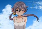  1girl akebono_(kantai_collection) arms_behind_back bell blush closed_mouth cloud cloudy_sky day flower hair_bell hair_between_eyes hair_flower hair_ornament jingle_bell kantai_collection long_hair pink_flower purple_eyes purple_hair shino_(ponjiyuusu) side_ponytail sky smile solo upper_body 