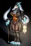  anthro avian bird blue_eyes claws clothed clothing dragon female fur hat headgear headwear hi_res holding_object horn hybrid mask plague_doctor simple_background solo white_body white_fur zi0808 