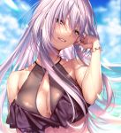  1girl amagasa_tsuzuri bangs bare_shoulders beach bikini blush bracelet breasts cleavage day green_eyes hair_between_eyes halter_top halterneck hand_up hanikami_kanojo jewelry large_breasts lavender_hair long_hair mole mole_under_eye outdoors piromizu purple_bikini sidelocks smile solo swimsuit wet 