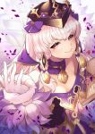  1girl book closed_mouth dress fire_emblem fire_emblem:_three_houses fire_emblem_heroes fur_trim gloves hair_ornament hat highres holding holding_book long_hair lysithea_von_ordelia nakabayashi_zun open_book pink_eyes smile solo white_gloves white_hair 