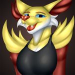  1:1 anthro blue_eyes breasts clothed clothing delphox fangs female fur hi_res multicolored_body multicolored_fur nintendo open_mouth open_smile pok&eacute;mon pok&eacute;mon_(species) portrait red_body red_fur simple_background smile solo tongue tongue_out video_games white_body white_fur yellow_body yellow_fur zi0808 