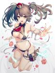  1girl :d armpits azur_lane bandaged_leg bandages bare_shoulders barefoot bikini black_bikini bottle breasts brown_hair cleavage crown flower green_eyes hair_ornament halterneck highres long_hair looking_at_viewer medium_breasts mini_crown nail_polish navel neckerchief open_mouth outstretched_arm petals pouch rose smile solo stomach string_bikini swimsuit test_tube thighs twintails v-shaped_eyebrows wing_collar york_(azur_lane) york_(summoner_from_the_azure_depths)_(azur_lane) yoruhachi 