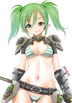  1girl armor ass_visible_through_thighs bangs belt bikini bikini_day black_gloves blue_bikini blush breasts closed_mouth contrapposto cowboy_shot ebifly eyebrows_visible_through_hair fang fang_out faulds gauntlets gloves gorget green_eyes green_hair hair_between_eyes holding holding_weapon looking_at_viewer medium_breasts navel pointy_ears raichi_(sennen_sensou_aigis) sennen_sensou_aigis short_hair shoulder_armor simple_background smile solo spaulders standing striped striped_bikini swimsuit twintails weapon white_background 