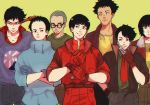  6+boys akira black_eyes black_hair character_request crossed_arms forehead frown glasses gloves green_shirt hand_in_pocket jacket kai_(akira) kaneda_shoutarou kei_(akira) male_focus mask mask_removed multiple_boys necktie penginius red_gloves red_jacket red_neckwear shirt yamagata_(akira) yellow_background 