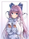  1girl absurdres ahoge azur_lane bangs blue_bow blue_eyes blunt_bangs blush bow cellphone coat eyebrows_visible_through_hair hair_bow highres long_hair long_sleeves looking_at_viewer parted_lips phone pom_pom_(clothes) purple_bow purple_hair sleeves_past_fingers sleeves_past_wrists smartphone sobmarine straight_hair tashkent_(azur_lane) two-tone_background upper_body very_long_hair white_background white_coat winter_clothes winter_coat 