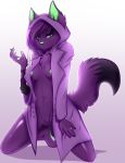  2020 anthro breasts canid canine canis clothed clothing coat digital_drawing_(artwork) digital_media_(artwork) female fur genitals green_eyes green_highlights hair hi_res highlights_(coloring) looking_at_viewer mammal nipples nude partially_clothed pinup pose purple_body purple_fur simple_background smile solo topwear tr.anonymous.h wolf 
